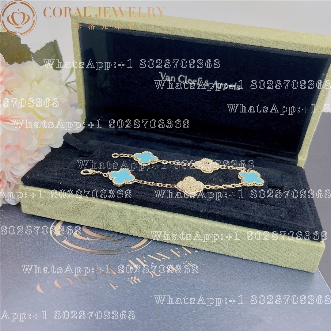 Van Cleef & Arpels Vintage Alhambra Limited Edition Diamond Turquoise Gold Bracelet - Image 7