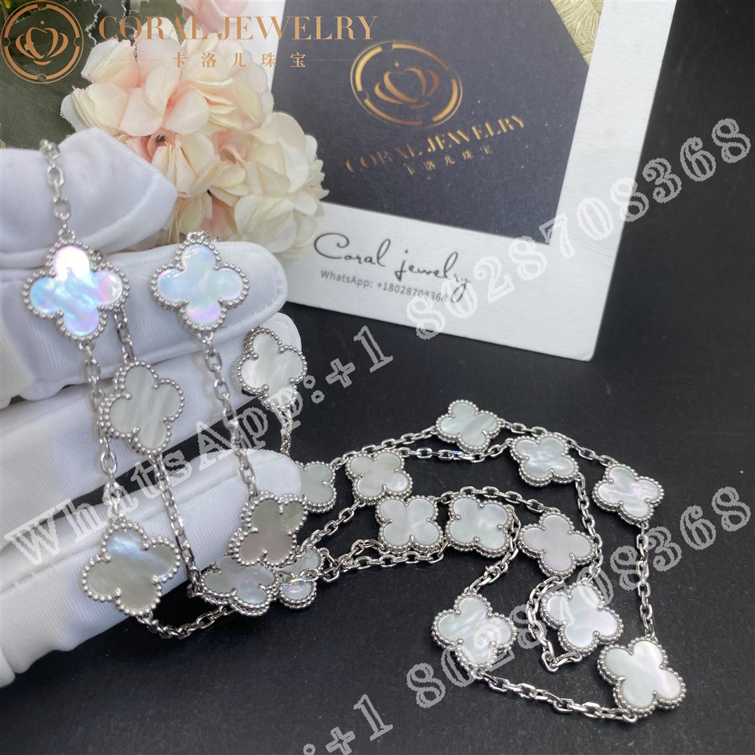 Van Cleef & Arpels Vintage Alhambra long necklace, 20 motifs White gold, Mother-of-pearl VCARF48800 - Image 7