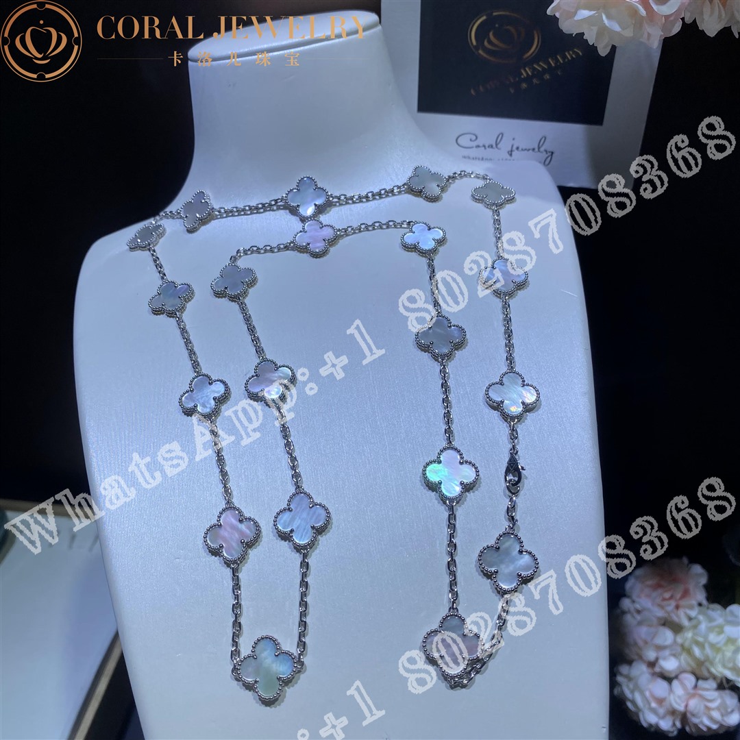Van Cleef & Arpels Vintage Alhambra long necklace, 20 motifs White gold, Mother-of-pearl VCARF48800 - Image 5