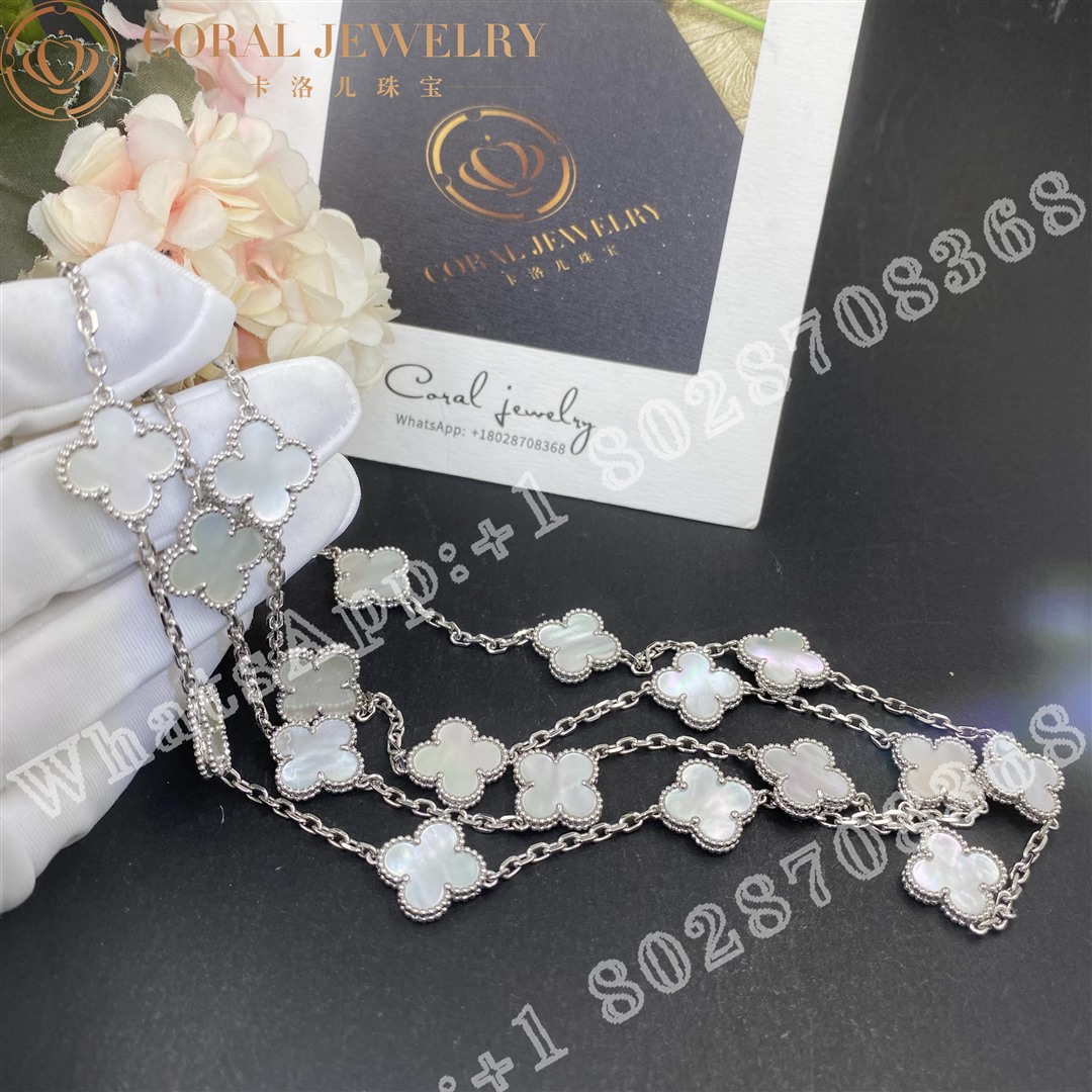 Van Cleef & Arpels Vintage Alhambra long necklace, 20 motifs White gold, Mother-of-pearl VCARF48800 - Image 6