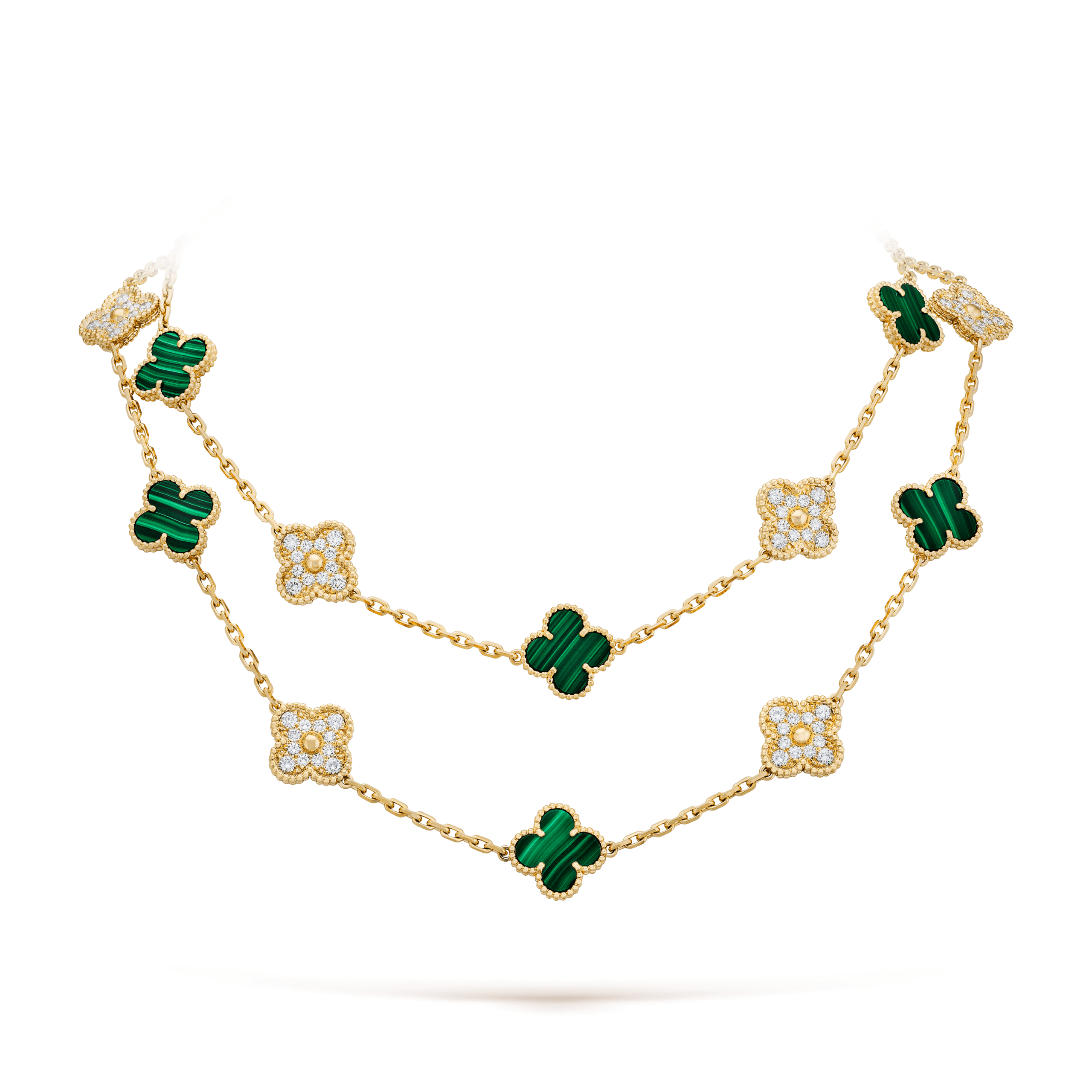 Van Cleef & Arpels Vintage Alhambra long necklace, 20 motifs Yellow gold, Diamond, Malachite VCARO7GP00