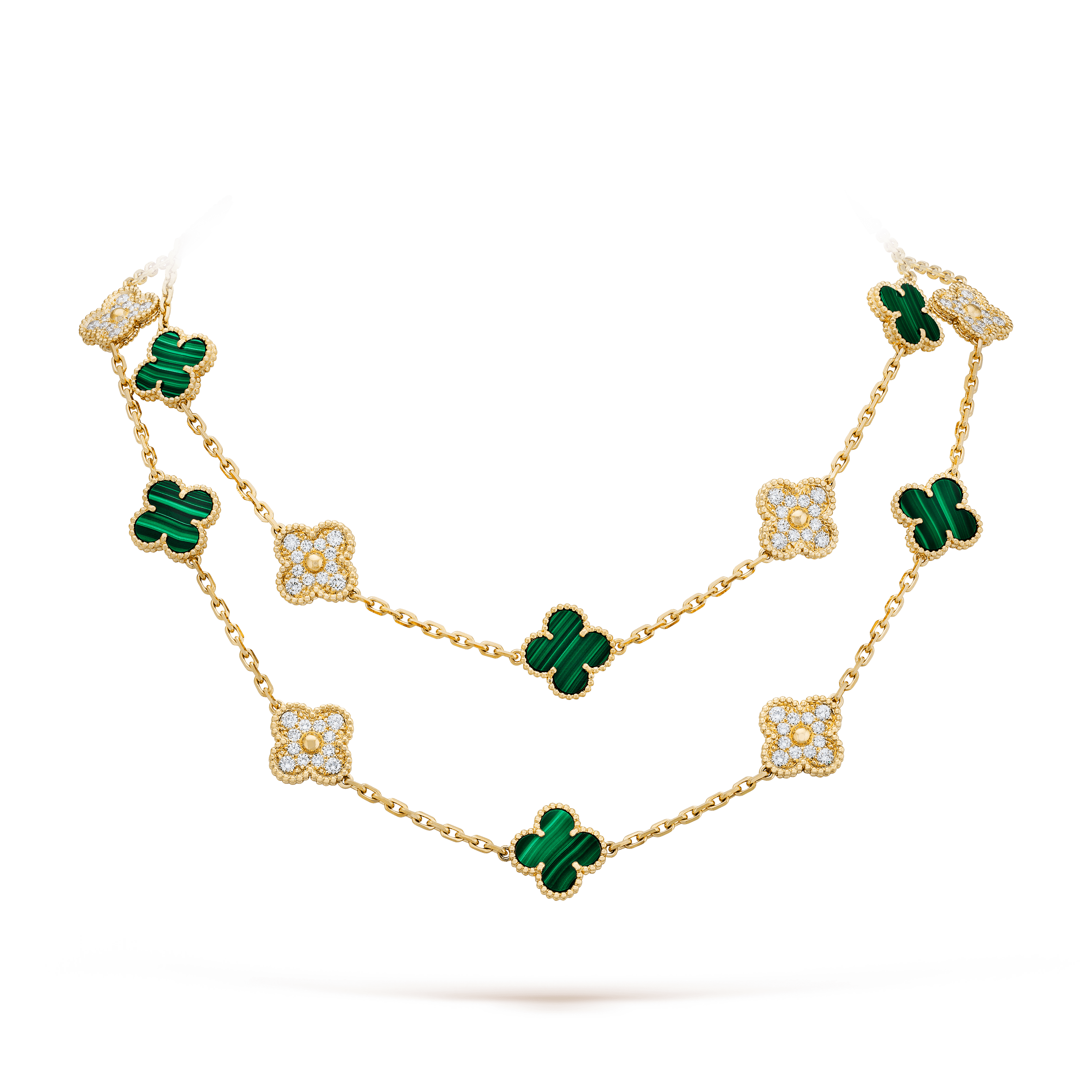 Van Cleef & Arpels Vintage Alhambra long necklace, 20 motifs Yellow gold, Diamond, Malachite VCARO7GP00