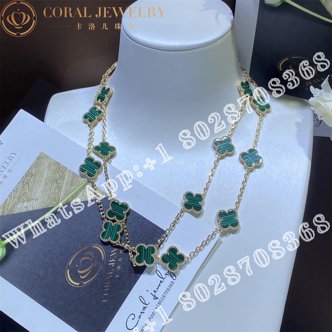 Van Cleef Arpels Vintage Alhambra Long Necklace 20 Motifs Yellow Gold Malachite Vcarl88100 Coral (11)