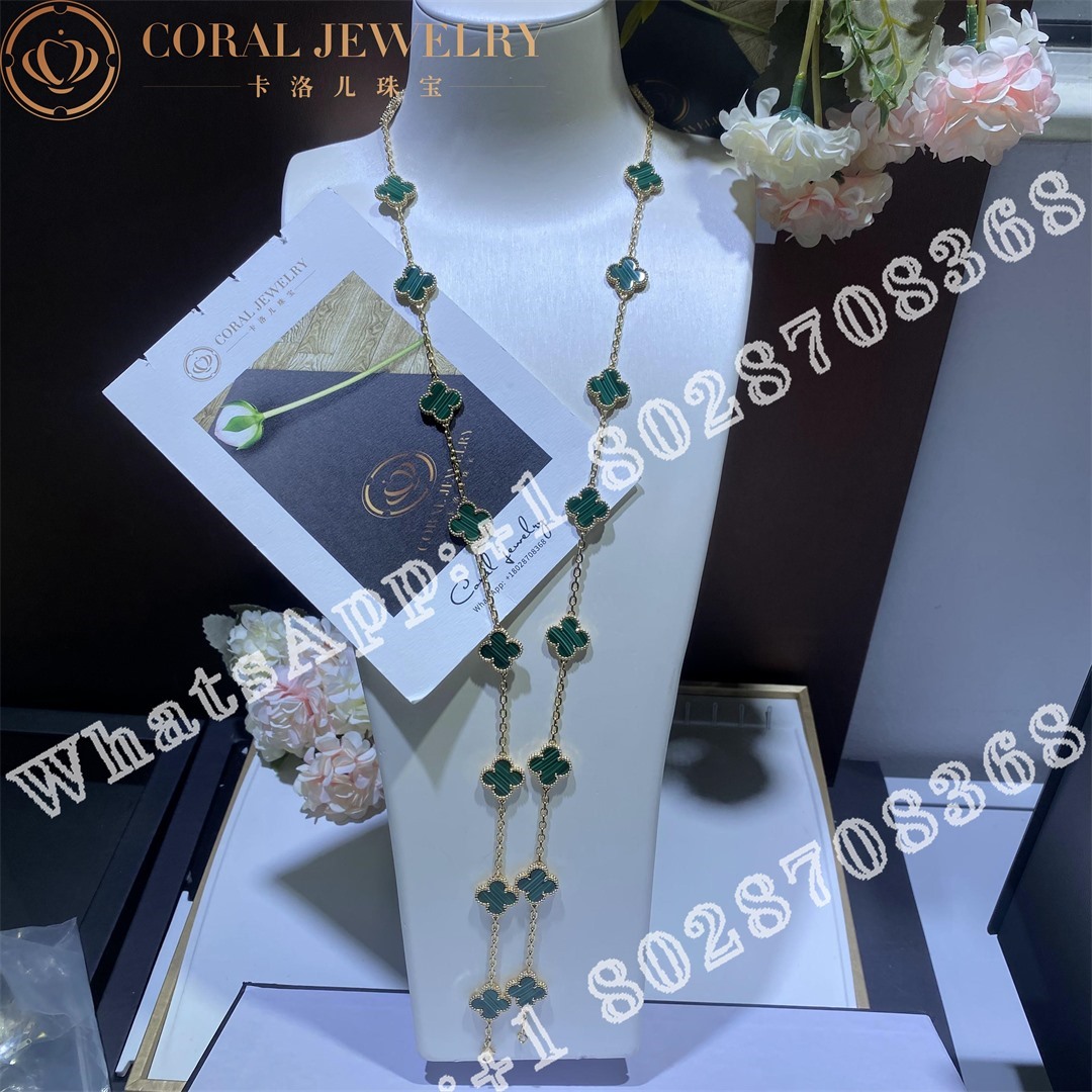 Van Cleef Arpels Vintage Alhambra Long Necklace 20 Motifs Yellow Gold Malachite Vcarl88100 Coral (6)