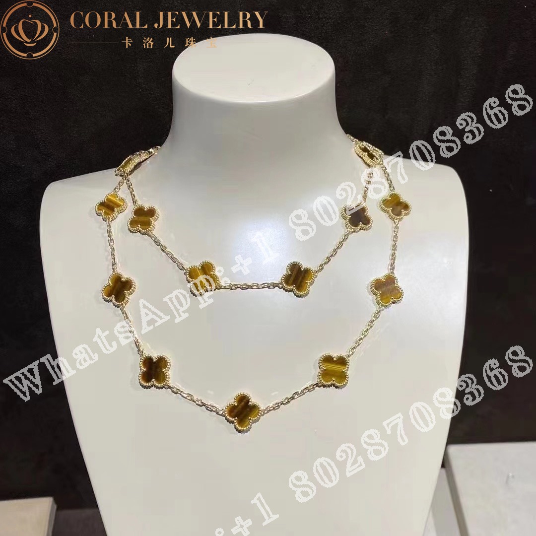 Van Cleef Arpels Vintage Alhambra Long Necklace 20 Motifs Yellow Gold Tiger Eye Vcard39900 Coral (4)