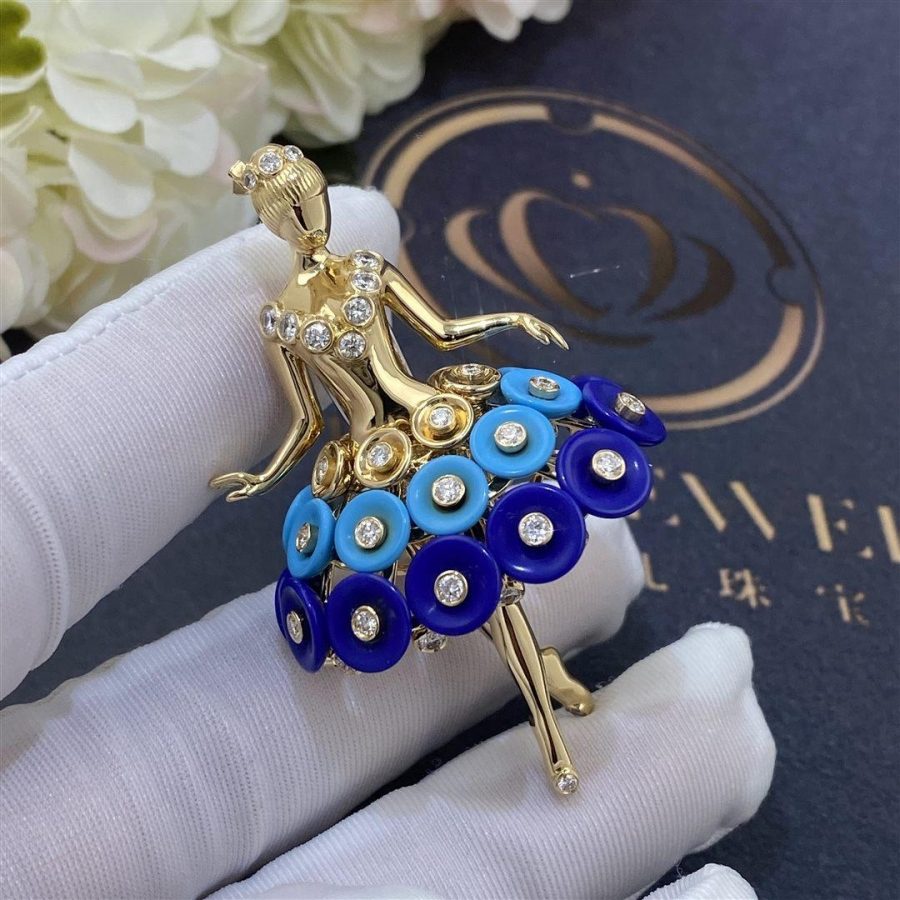 Van Cleef & Arpels Bouton d'or ballerina clip Yellow gold, Diamond, Lapis Lazuli, Turquoise VCARP7R300