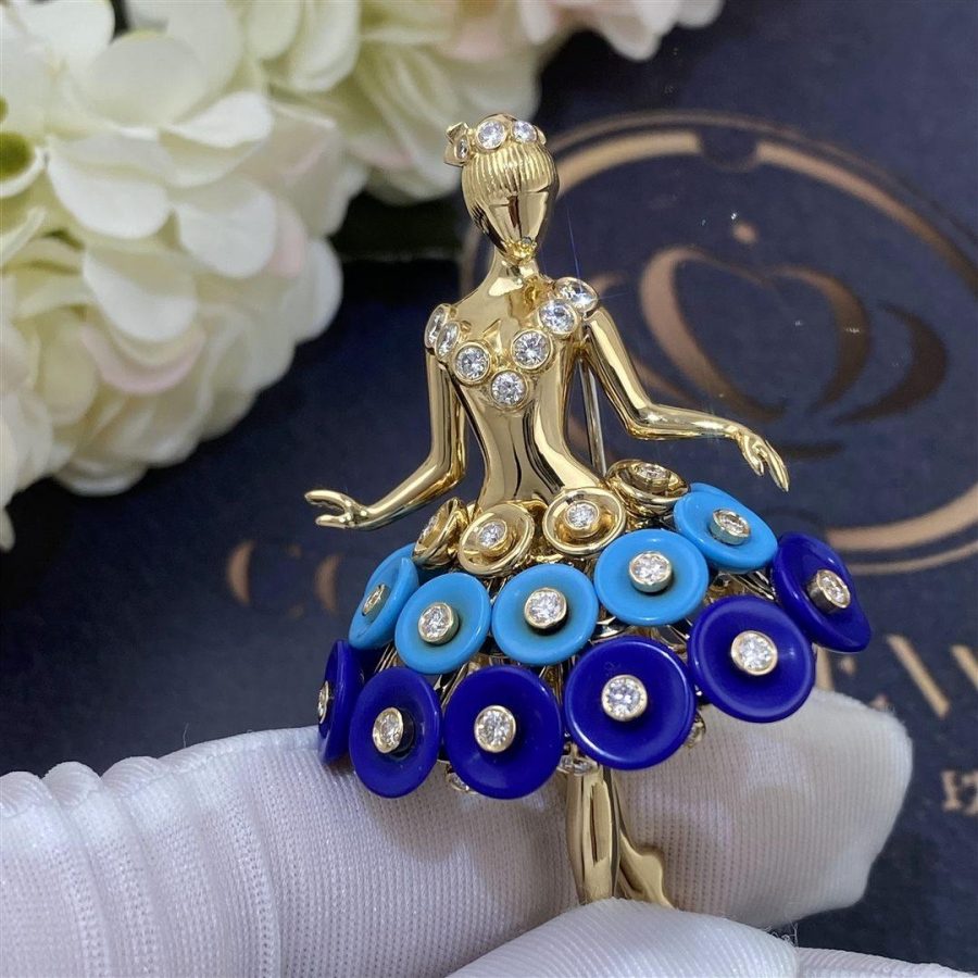 Van Cleef & Arpels Bouton d'or ballerina clip Yellow gold, Diamond, Lapis Lazuli, Turquoise VCARP7R300