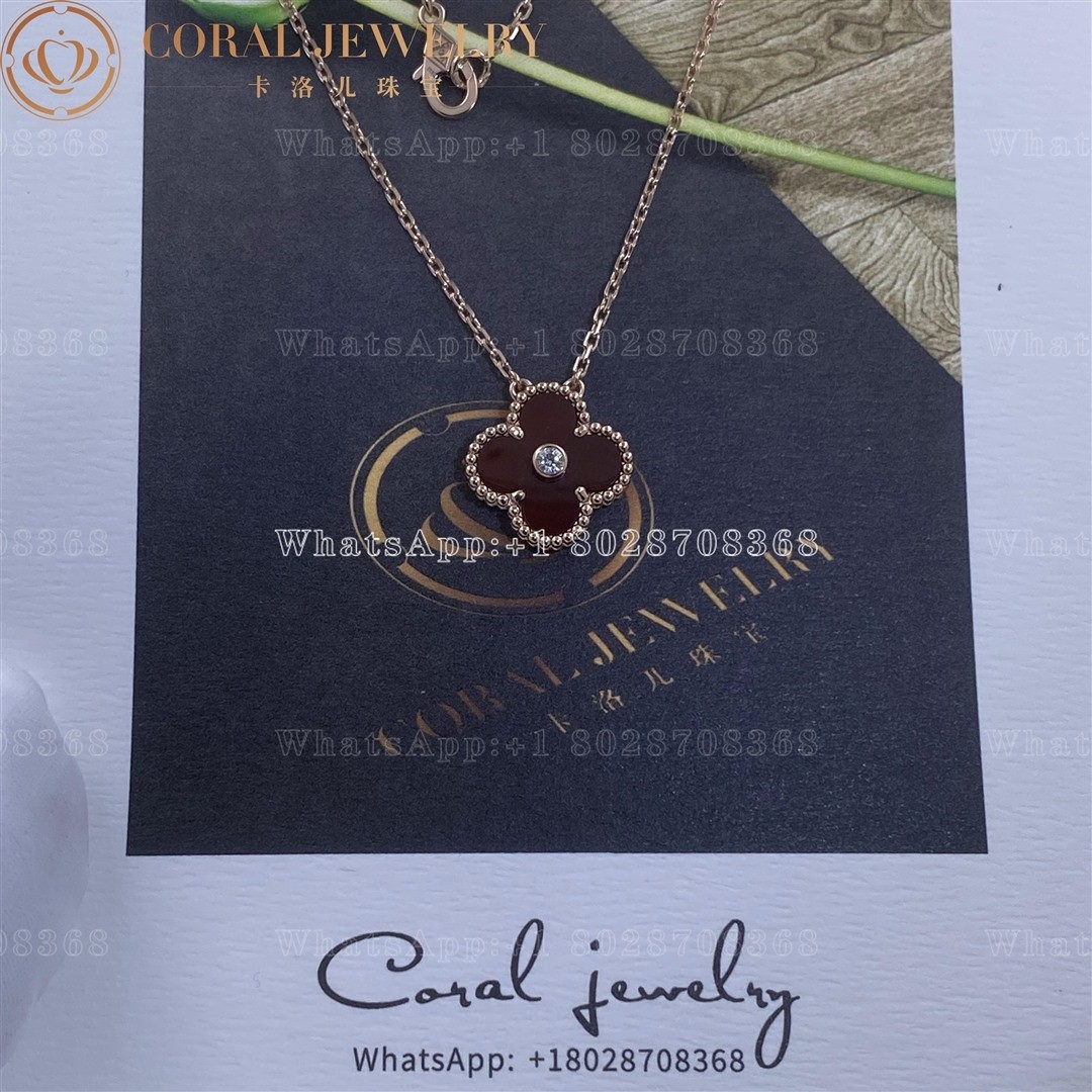 Van Cleef & Arpels Vintage Alhambra 2011 Holiday Diamond Pendant Necklace in Carnelian 18k Pink Gold