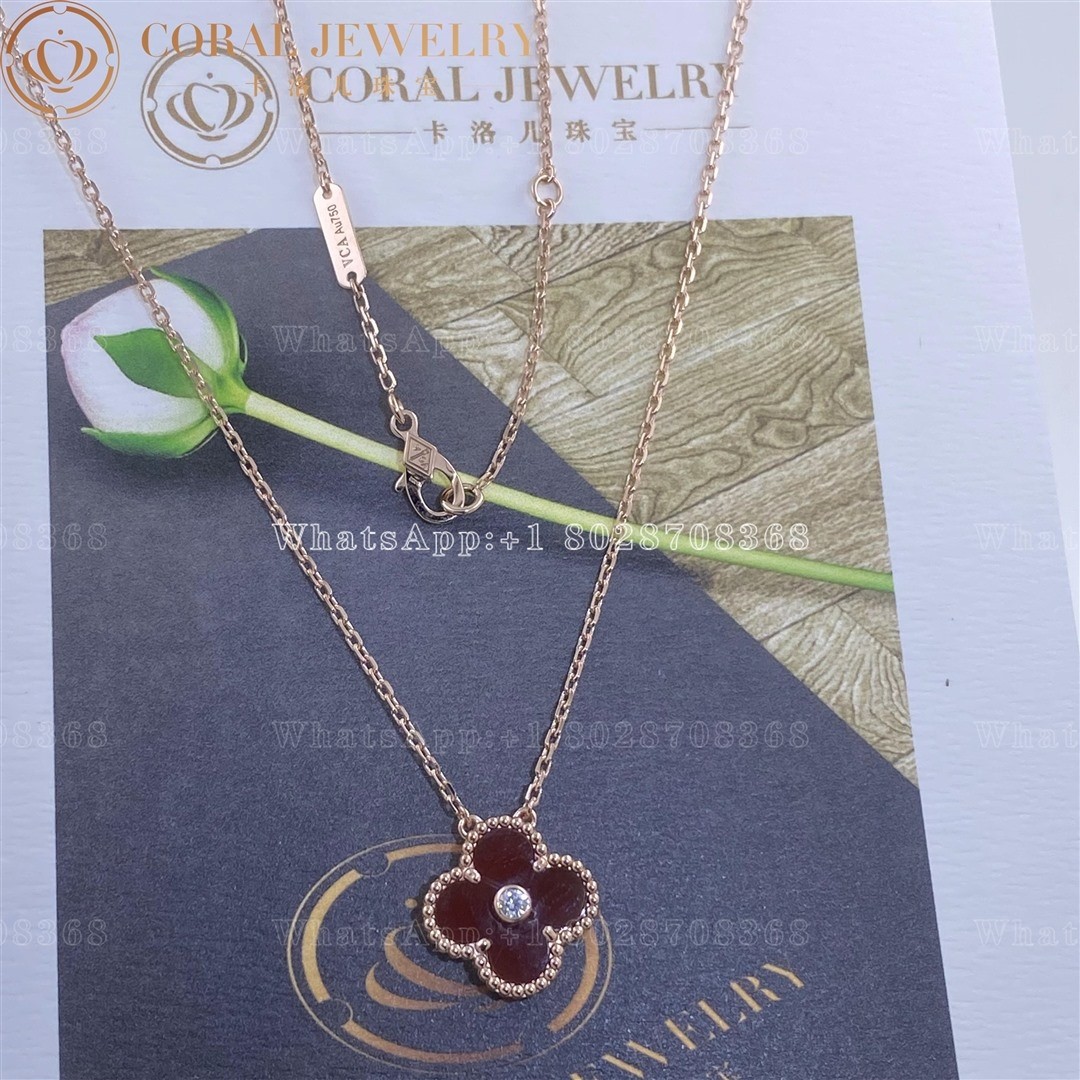 Van Cleef & Arpels Vintage Alhambra 2011 Holiday Diamond Pendant Necklace in Carnelian 18k Pink Gold