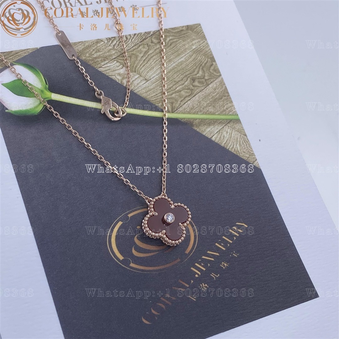 Van Cleef & Arpels Vintage Alhambra 2011 Holiday Diamond Pendant Necklace in Carnelian 18k Pink Gold