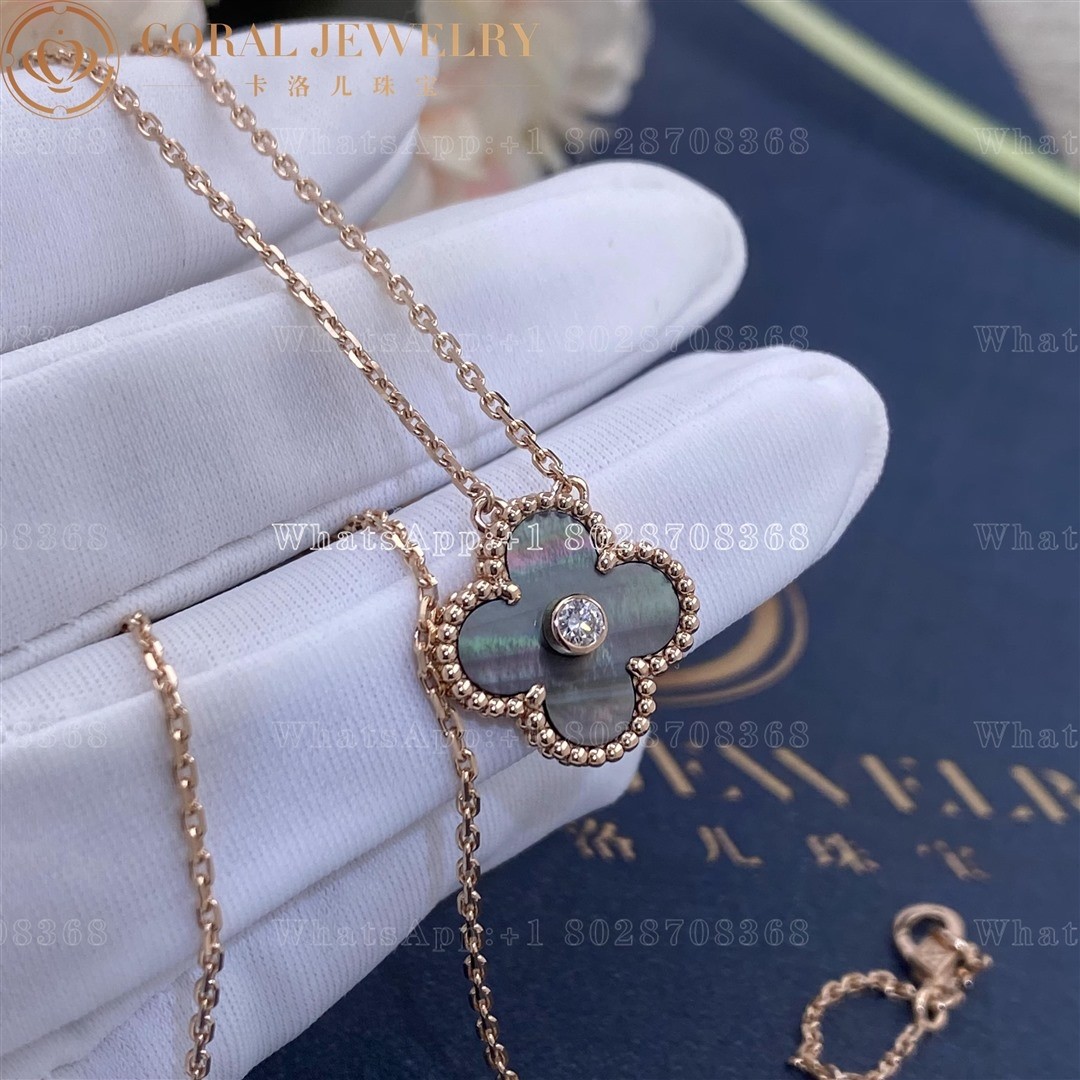Van Cleef & Arpels Vintage Alhambra 2014 Holiday Diamond Pendant Necklace Grey Mother of Pearl