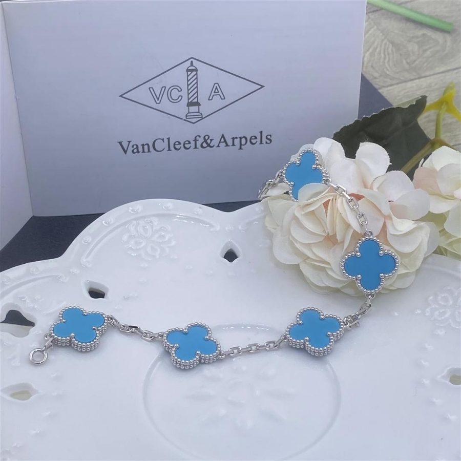 Van Cleef & Arpels Vintage Alhambra bracelet, 5 motifs White gold, Turquoise