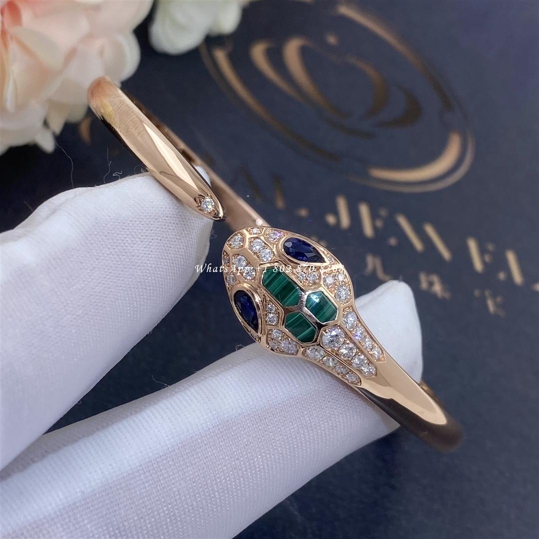 Bulgari Serpenti 18 kt rose gold bracelet set with blue sapphire eyes, malachite elements and pavé diamonds Ref.: 356204