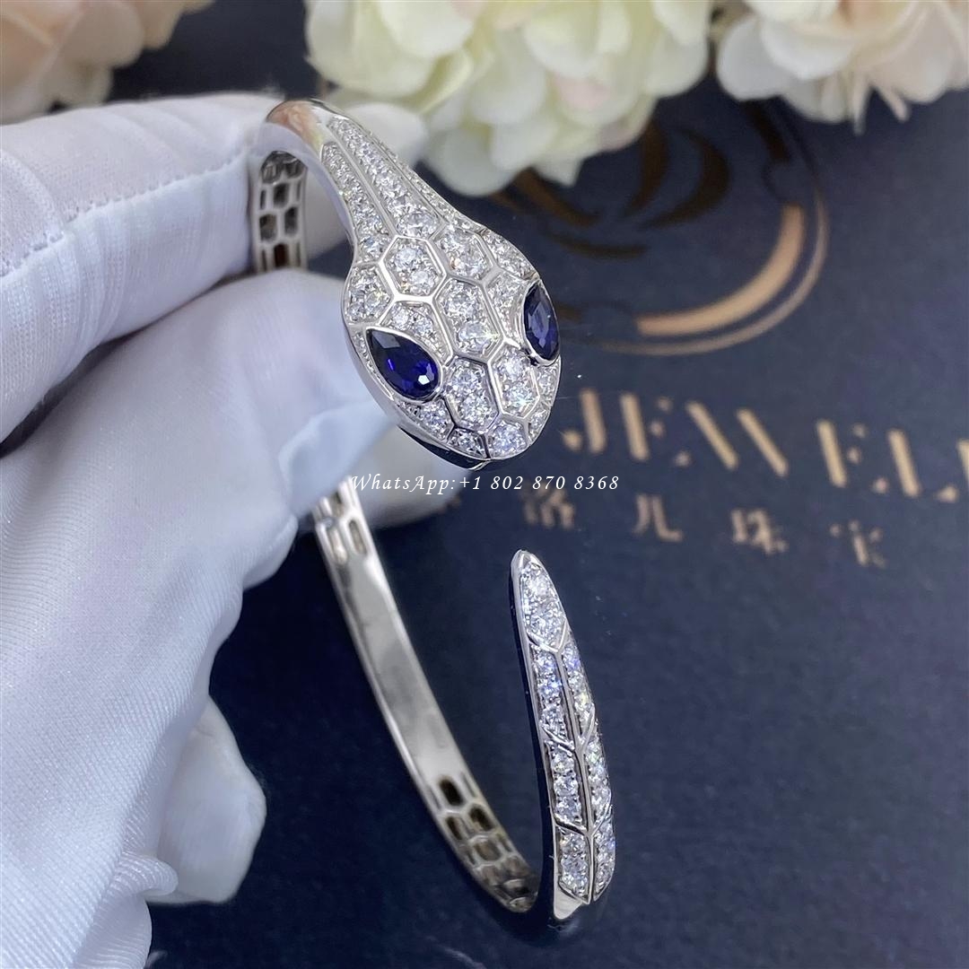 Bulgari Serpenti bangle bracelet in 18 kt white gold, set with blue sapphire eyes and pavé diamonds Ref.: 354098