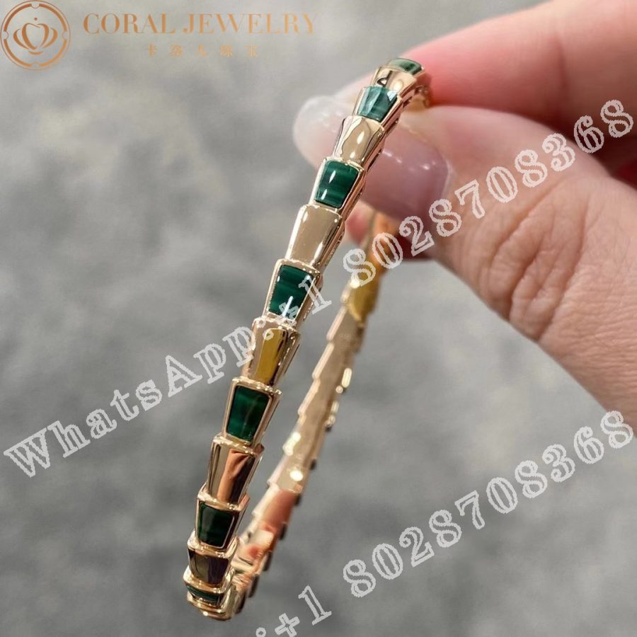 Bulgari Serpenti Viper 18 kt rose gold thin bangle bracelet set with malachite elements Ref.: 356519 - Image 4