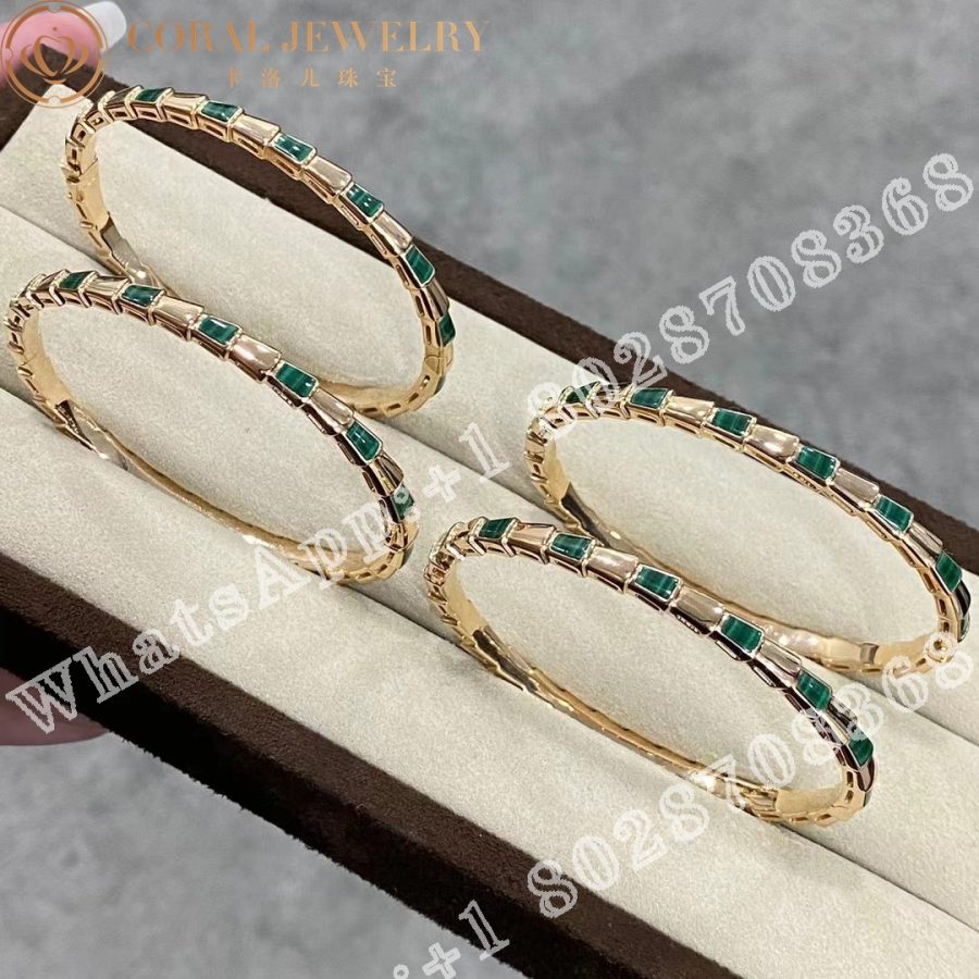 Bulgari Serpenti Viper 18 kt rose gold thin bangle bracelet set with malachite elements Ref.: 356519 - Image 5