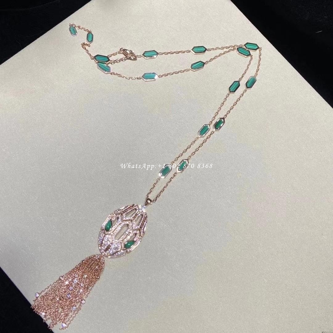 Bulgari Serpenti 18 kt rose gold necklace with tassel set with a diamond, pavé diamonds and malachite eyes