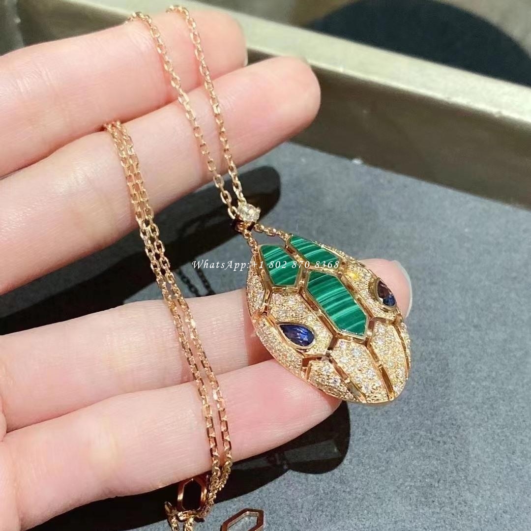 Bulgari Serpenti 18 kt rose gold necklace set with blue sapphire eyes, malachite elements and pavé diamonds on the pendant Ref.: 356782