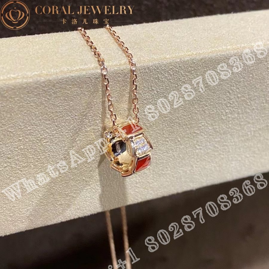 Bulgari Serpenti Viper necklace with 18 kt rose gold chain and 18 kt rose gold pendant set with carnelian elements and demi pavé diamonds Ref.: 355088 - Image 3