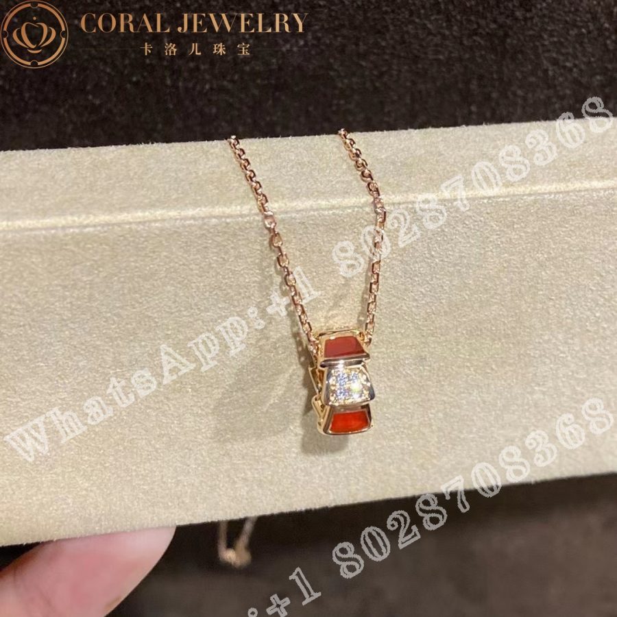 Bulgari Serpenti Viper necklace with 18 kt rose gold chain and 18 kt rose gold pendant set with carnelian elements and demi pavé diamonds Ref.: 355088 - Image 4