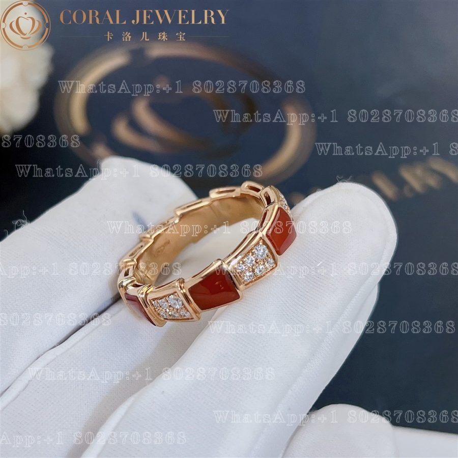 Bulgari Serpenti Viper band Ring in 18 kt rose gold with carnelian and pavé diamonds Width 6 mm Ref.: 353354 - Image 4