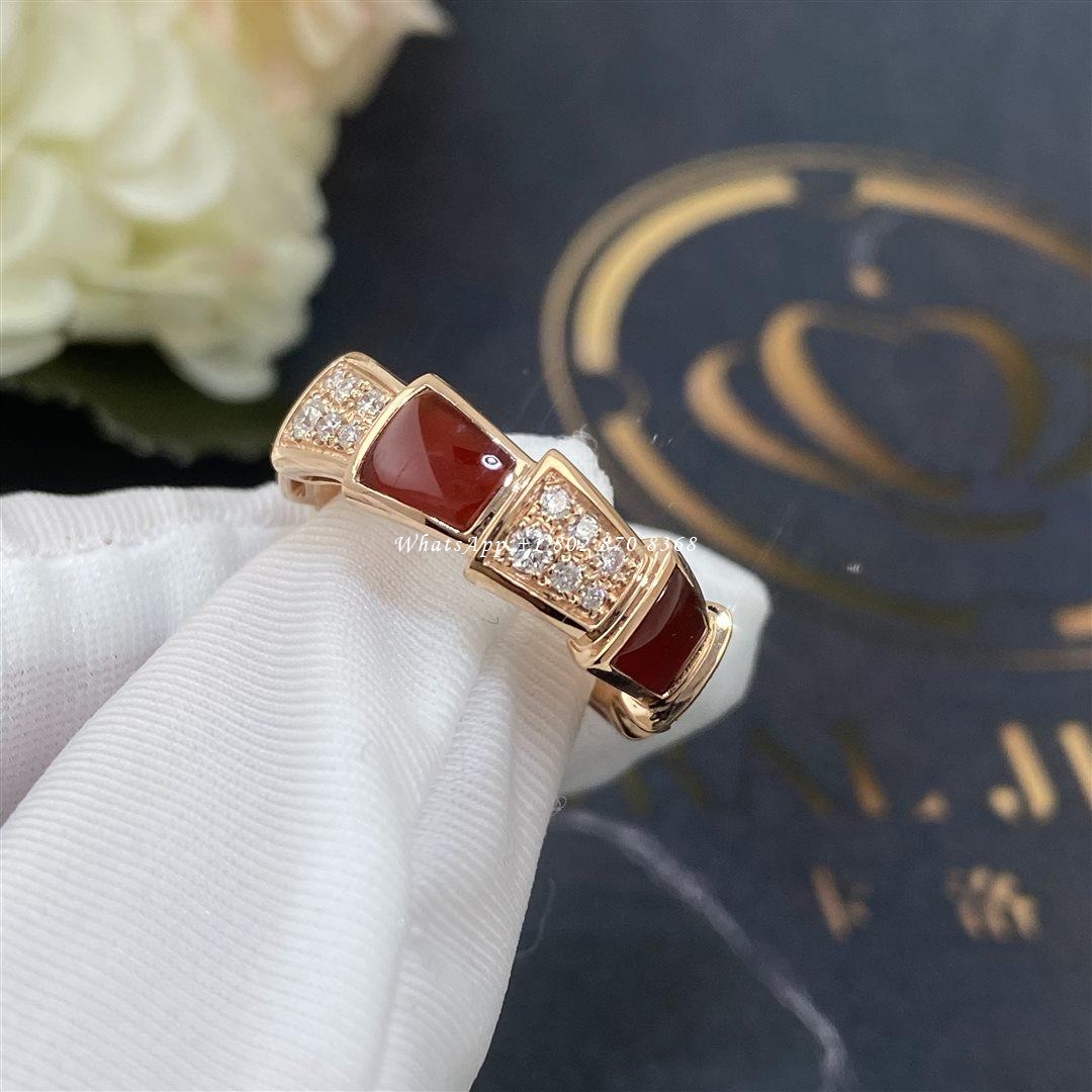 Bulgari Serpenti Viper band Ring in 18 kt rose gold with carnelian and pavé diamonds Width 6 mm Ref.: 353354