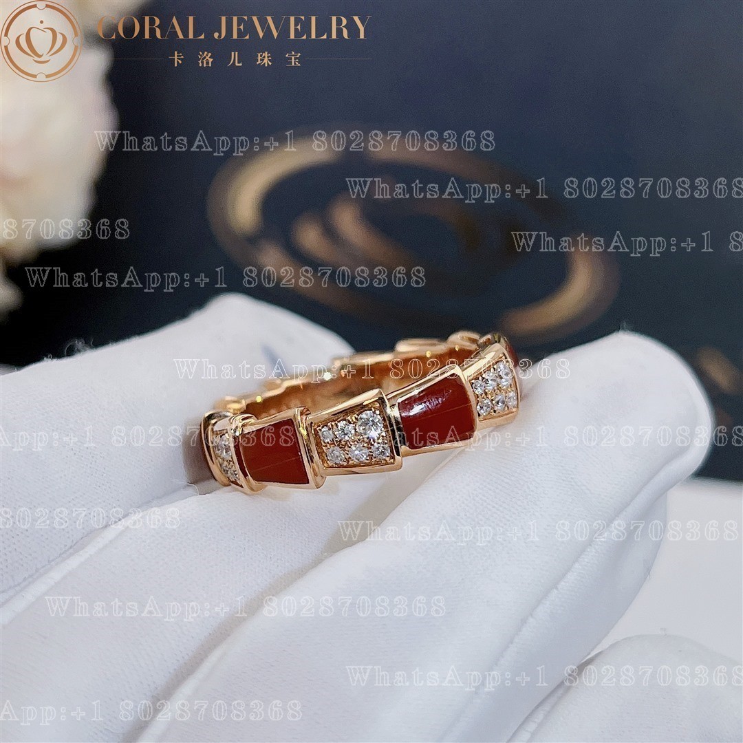 Bulgari Serpenti Viper Band Ring In 18 Kt Rose Gold With Carnelian And Pave Diamonds Width 6 Mm Ref 353354 Coral (3)