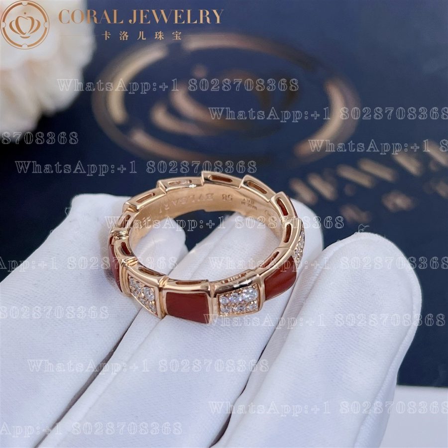 Bulgari Serpenti Viper band Ring in 18 kt rose gold with carnelian and pavé diamonds Width 6 mm Ref.: 353354 - Image 5