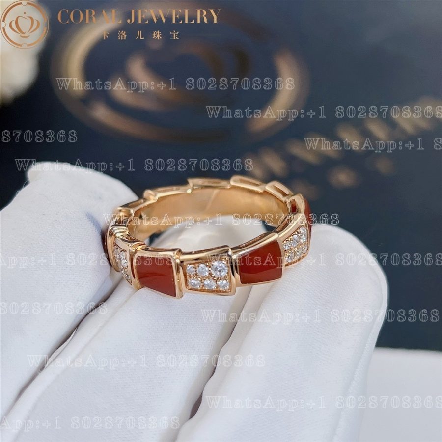 Bulgari Serpenti Viper band Ring in 18 kt rose gold with carnelian and pavé diamonds Width 6 mm Ref.: 353354 - Image 3