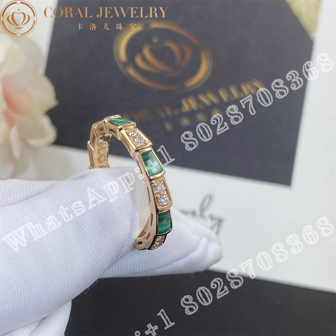 Bulgari Serpenti Viper 18 Kt Rose Gold Thin Ring Set With Malachite Elements And Pave Diamonds Ref 356758 Coral (6)