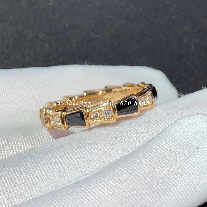 Bulgari Serpenti Viper 18 kt rose gold thin ring set with onyx elements and pavé diamonds AN858710