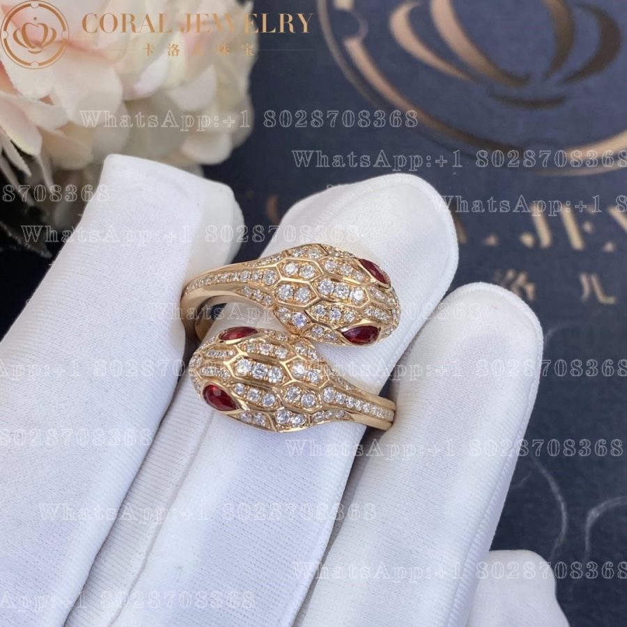 Bulgari Serpenti Seduttori 18 kt rose gold double head ring set with rubellite eyes and pavé diamonds Ref.: 358090