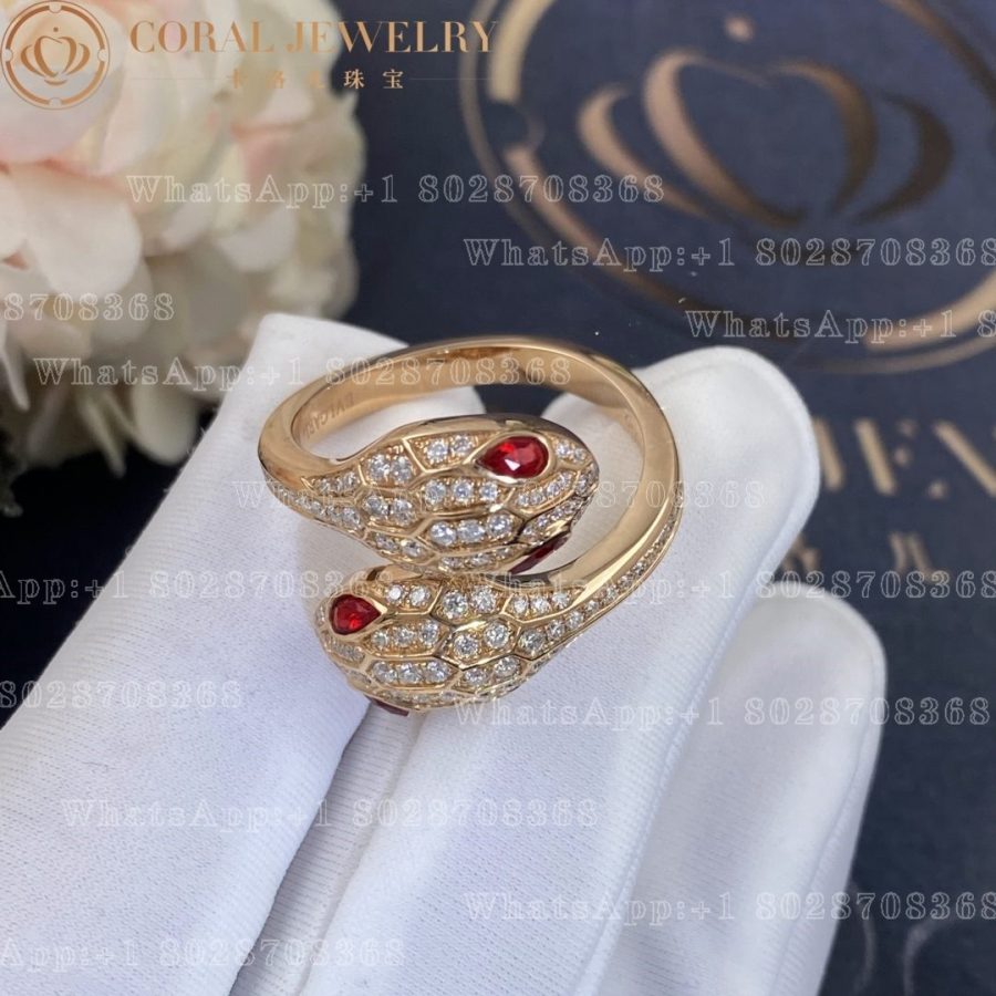 Bulgari Serpenti Seduttori 18 kt rose gold double head ring set with rubellite eyes and pavé diamonds Ref.: 358090