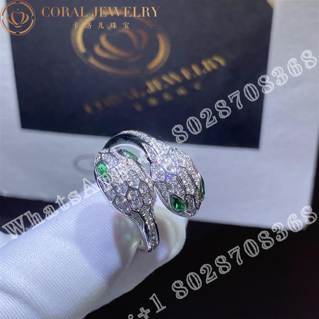 Bulgari Serpenti Seduttori 18 Kt White Gold Double Head Ring Set With Emerald Eyes And Pave Diamonds Ref 358094 Coral (3)