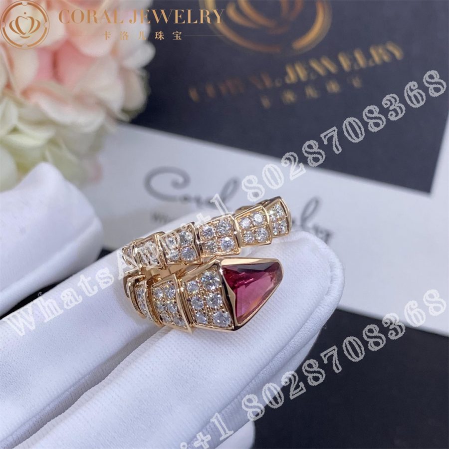 Bulgari Serpenti Viper ring in 18 kt rose gold, set with full pavé diamonds and a rubellite on the head - Image 5