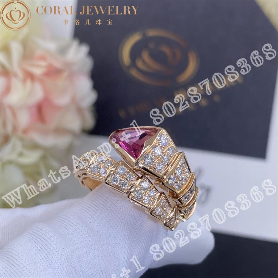 Bulgari Serpenti Viper ring in 18 kt rose gold, set with full pavé diamonds and a rubellite on the head - Image 7