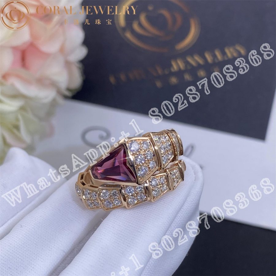 Bulgari Serpenti Viper ring in 18 kt rose gold, set with full pavé diamonds and a rubellite on the head - Image 6