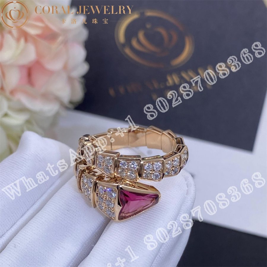 Bulgari Serpenti Viper ring in 18 kt rose gold, set with full pavé diamonds and a rubellite on the head - Image 3