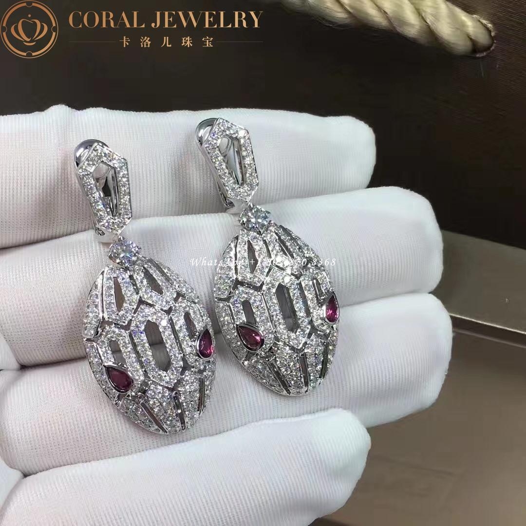 Bulgari Serpenti 18 kt white gold earrings set with pavé diamonds and rubellite eyes