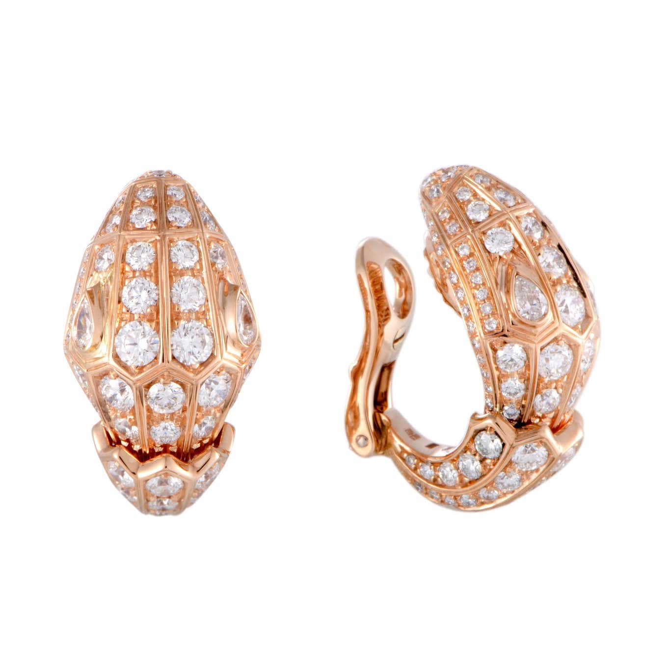 Bulgari Serpenti Rose Gold Full Diamond Pave Huggie Clip-on Earrings