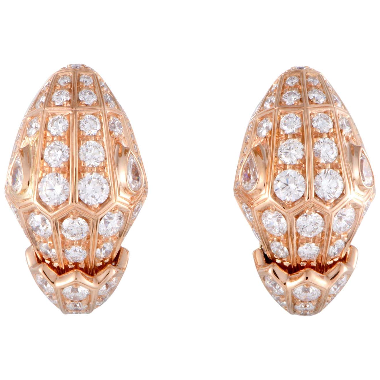 Bulgari Serpenti Rose Gold Full Diamond Pave Huggie Clip-on Earrings