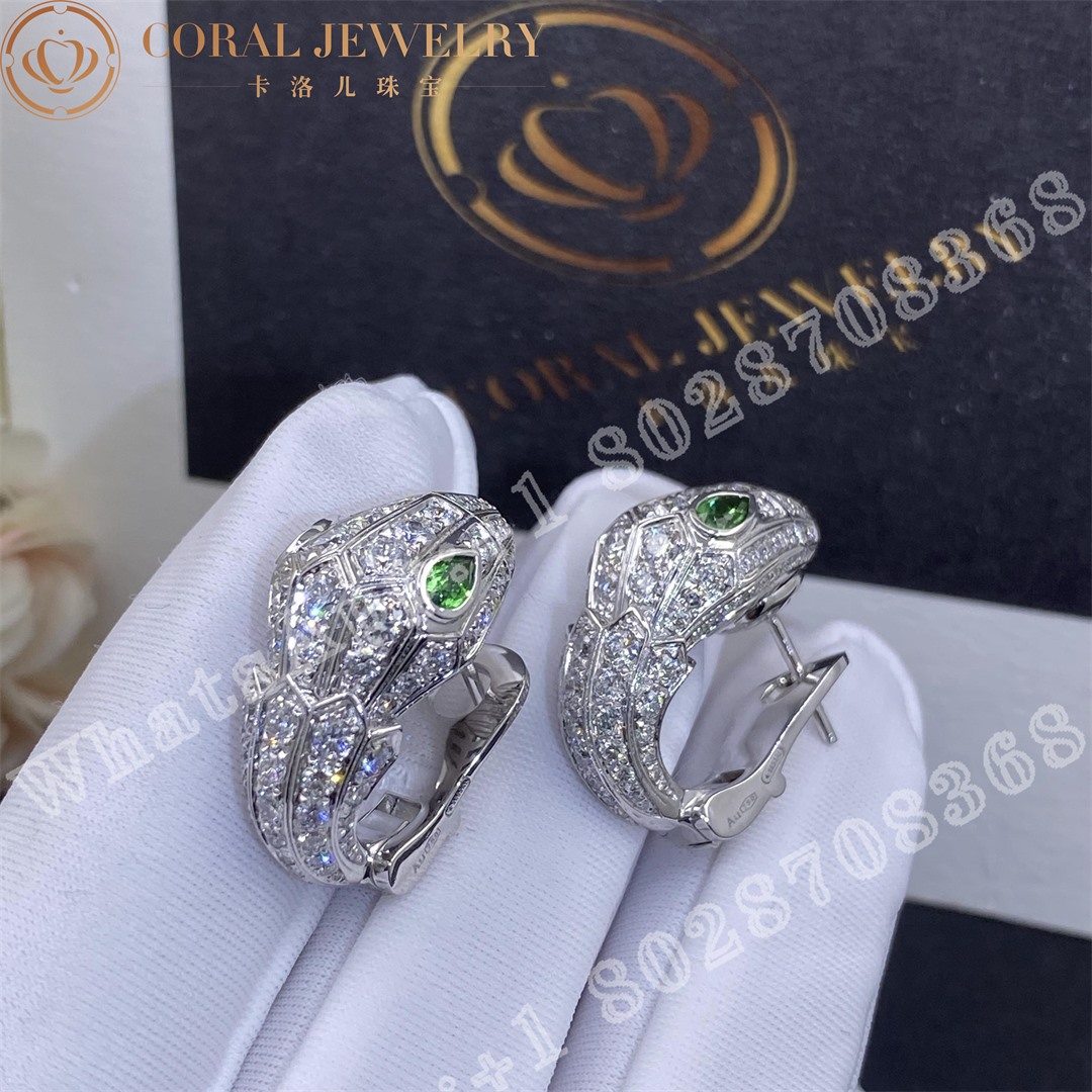 Bulgari Serpenti White Gold Earrings Set With Pave Diamonds And Two Emerald Eyes Ref 354702 Coral (1)