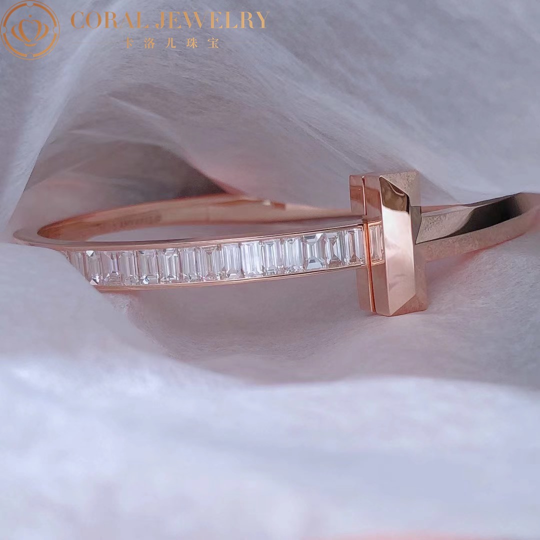 Tiffany T T1 Wide Hinged Bangle in 18k Rose Gold with Baguette Diamonds