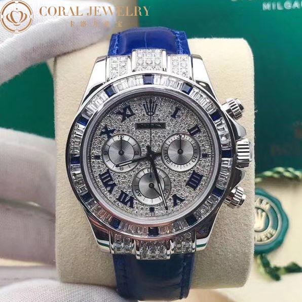 Rolex Cosmograph Daytona Paved Diamond Roman Dial, White Gold, Blue Leather Strap, 116599-12 SA