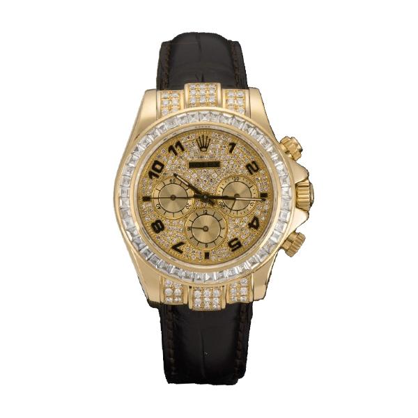 Rolex Cosmograph Daytona Yellow Gold Baguette Diamonds Bezel and Pave Diamond