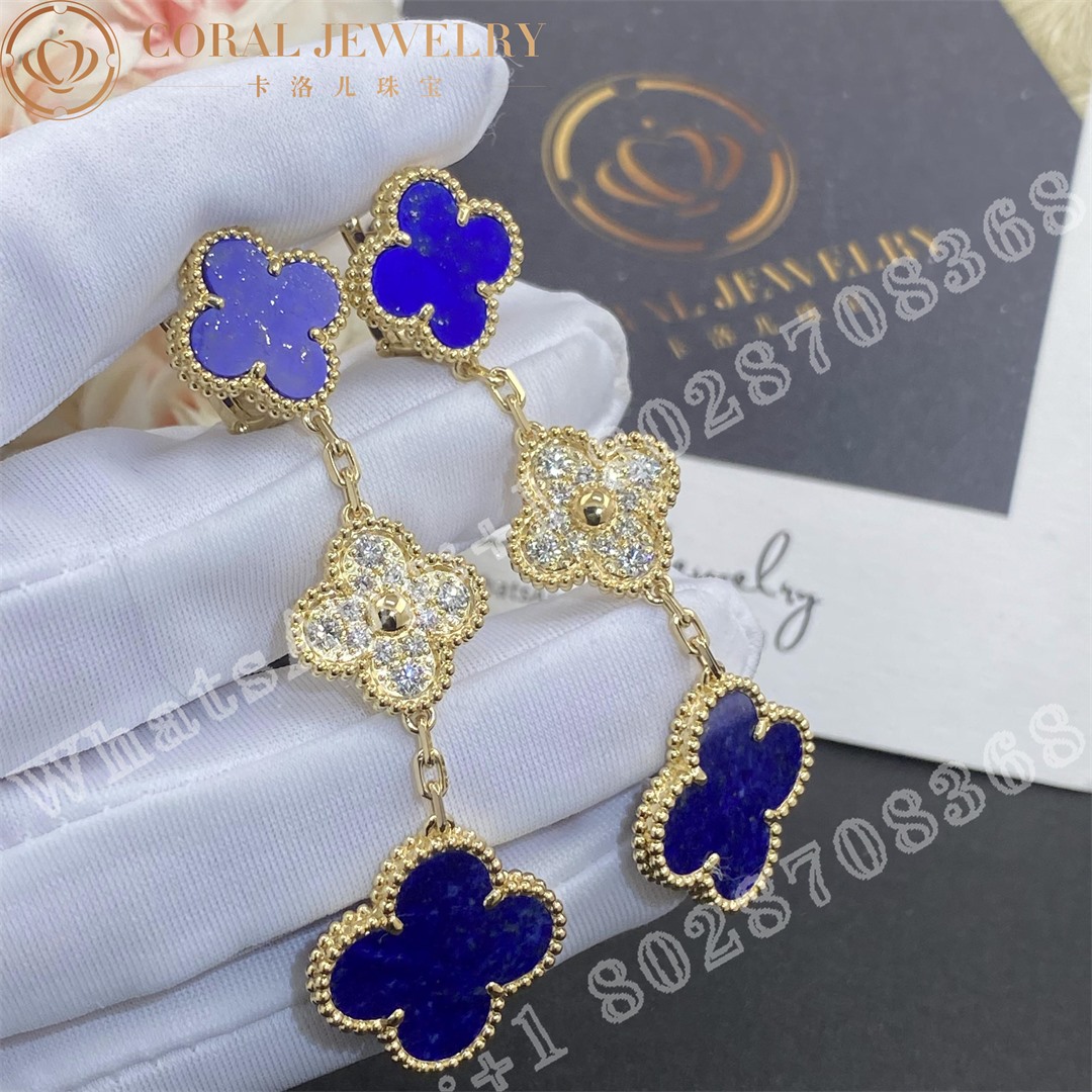 Van Cleef Arpels Magic Alhambra Earrings 3 Motifs Yellow Gold Diamond Lapis Lazuli Coral (1)