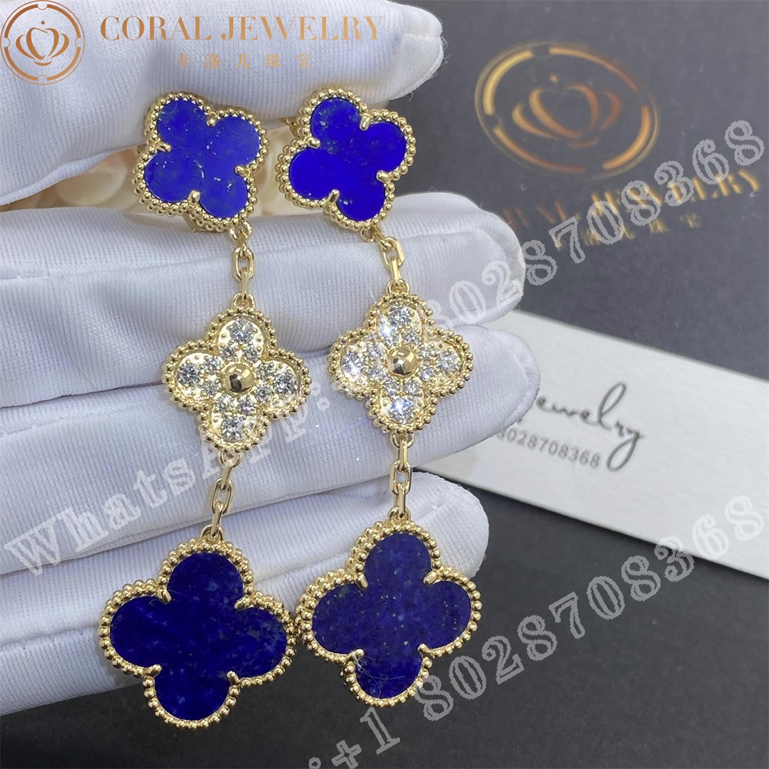 Van Cleef Arpels Magic Alhambra Earrings 3 Motifs Yellow Gold Diamond Lapis Lazuli Coral (2)