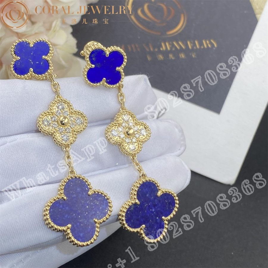 Van Cleef & Arpels Magic Alhambra earrings, 3 motifs Yellow gold, Diamond, Lapis lazuli - Image 3