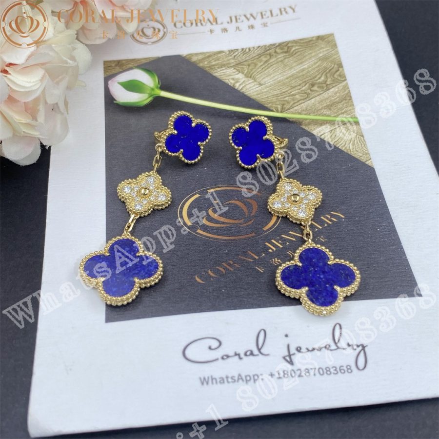 Van Cleef & Arpels Magic Alhambra earrings, 3 motifs Yellow gold, Diamond, Lapis lazuli - Image 7