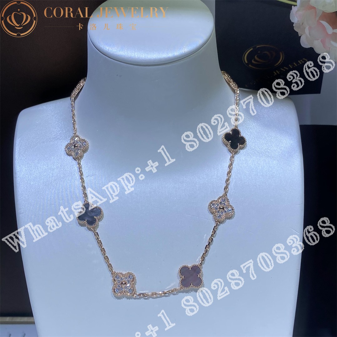Van Cleef Arpels Vintage Alhambra Necklace 10 Motifs Rose Gold Diamond Mother Of Pearl Coral (1)